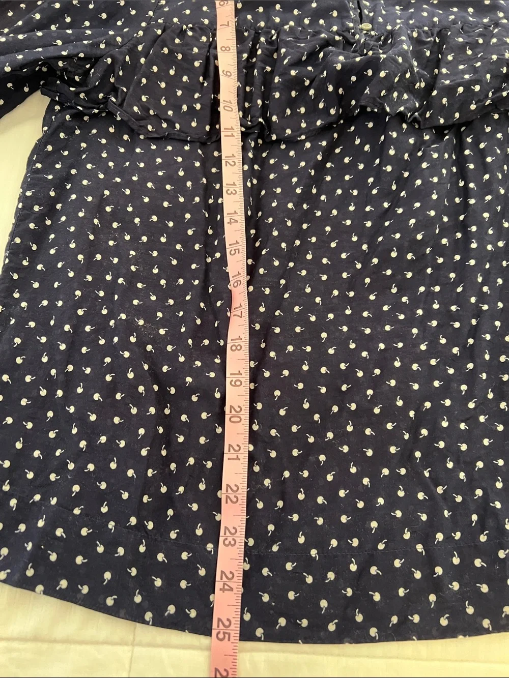J. Crew Navy Blue Ruffle Front Blouse with White Cherry Print- slightly sheer - Picture 8 of 8